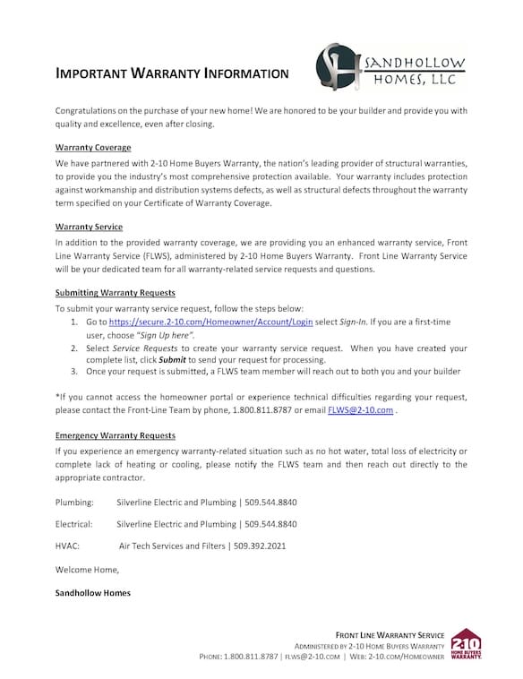 Sandhollow Home Welcome Letter